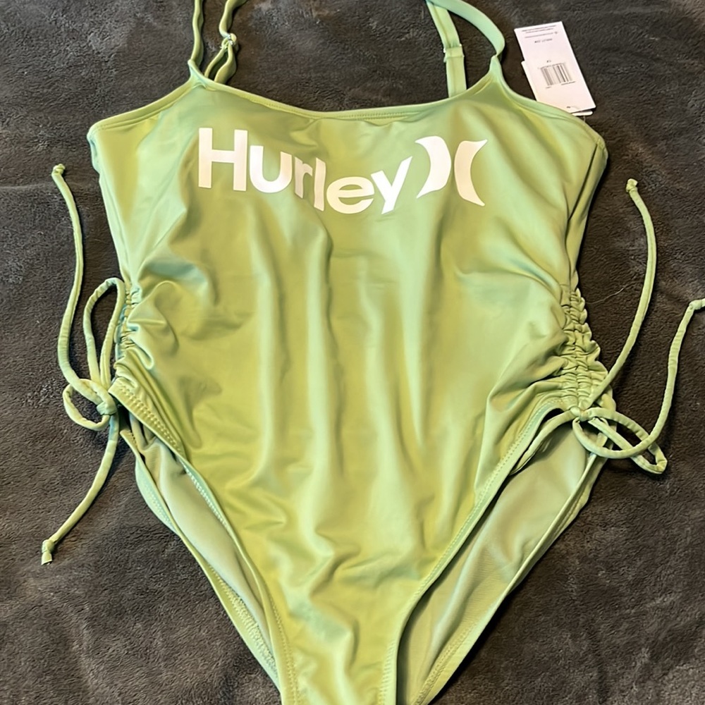 Hurley Ruched Side Tie Front Logo One Piece Bathing Suit